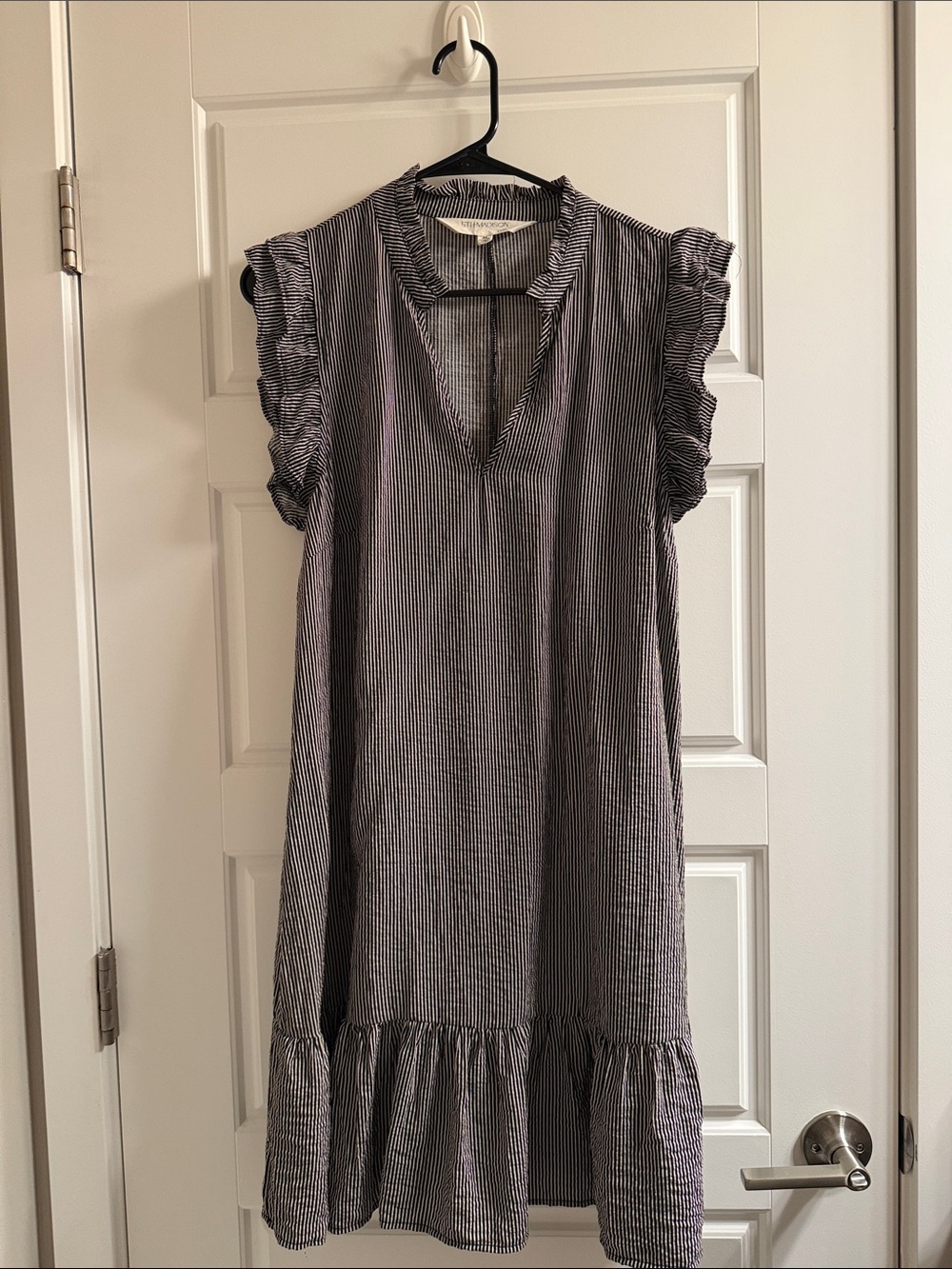 Striped Ruffle Sleeve V-Neck Dress in Black and White